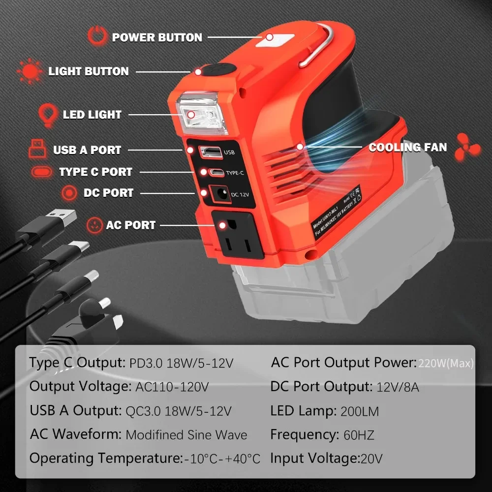 180W Power Inverter with USB & Type-C Ports for Milwaukee 18V Batteries DC20V To AC110V/220V Converter Power Tool Accessories