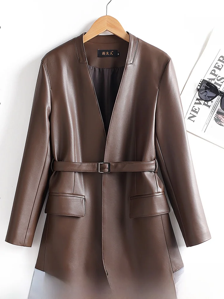 

Ning Genuine eepskin Leather Coat Women's Mid-Length Sli Spring Autumn New Faion Outerwear Slimming Elegance