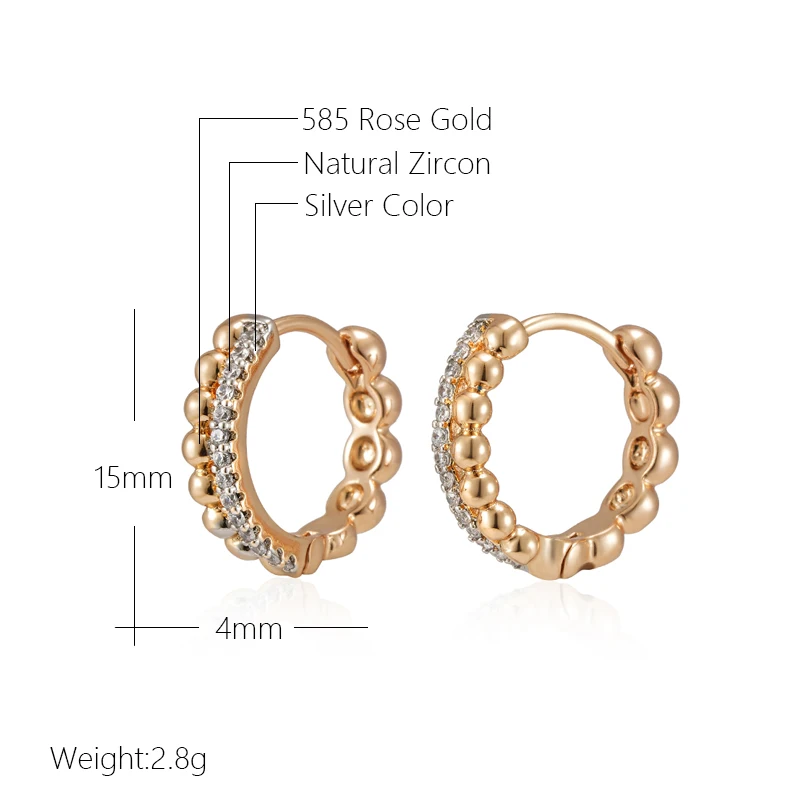 Kinel New Fashion Glossy Bead Natural Zircon Hoop Earrings Women 585 Rose Gold Silver Color Mix Fine Wedding Party Jewelry