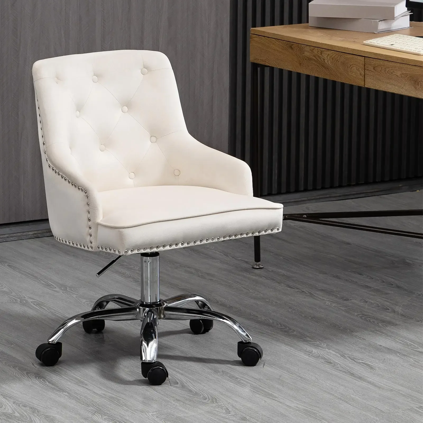 Modern Mid-Back Tufted Office Adjustable Height Computer Chair Velvet Soft Vanity Chair with Rivet and Arm Support Furniture