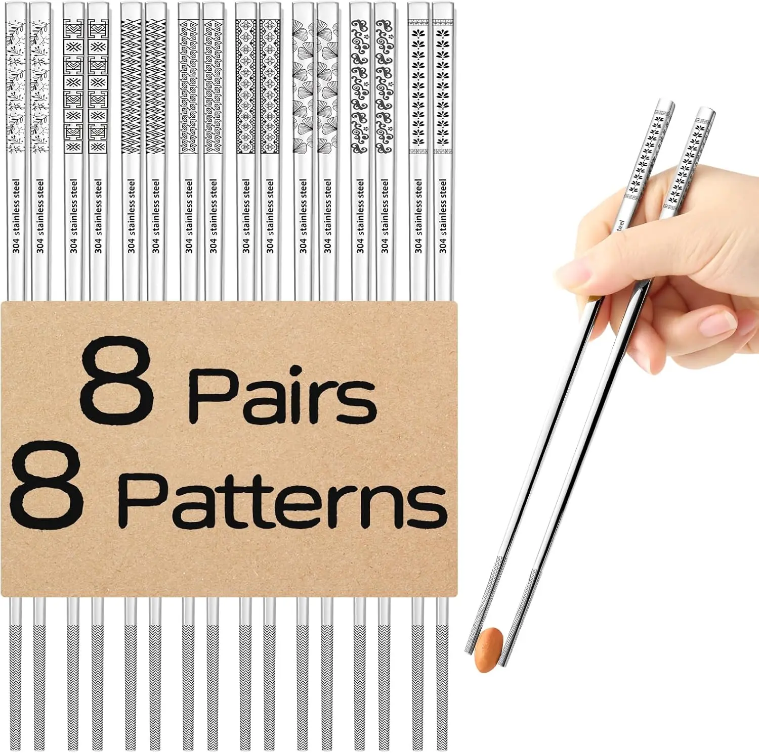 

8 Pairs Stainless Steel Chopsticks with Laser Engraved Patterns, Non-Slip Tips, Dishwasher Safe Gift Set