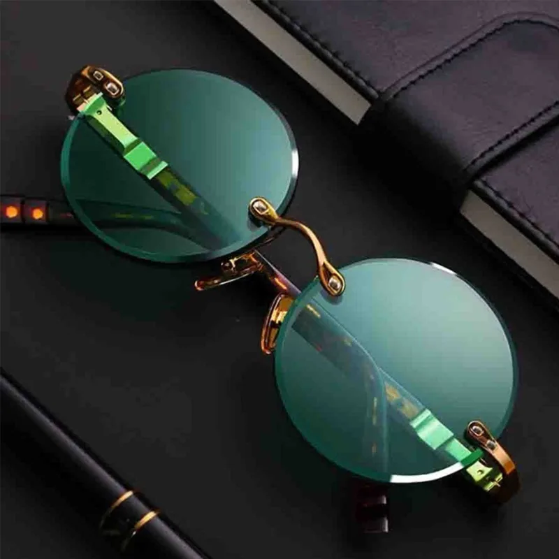 Neue Mode Klassische Runde Randlose Sonnenbrille Frauen Männer Kristall Dunkelgrün Sonnenbrille Retro Brille Im Freien Fahren Brillen