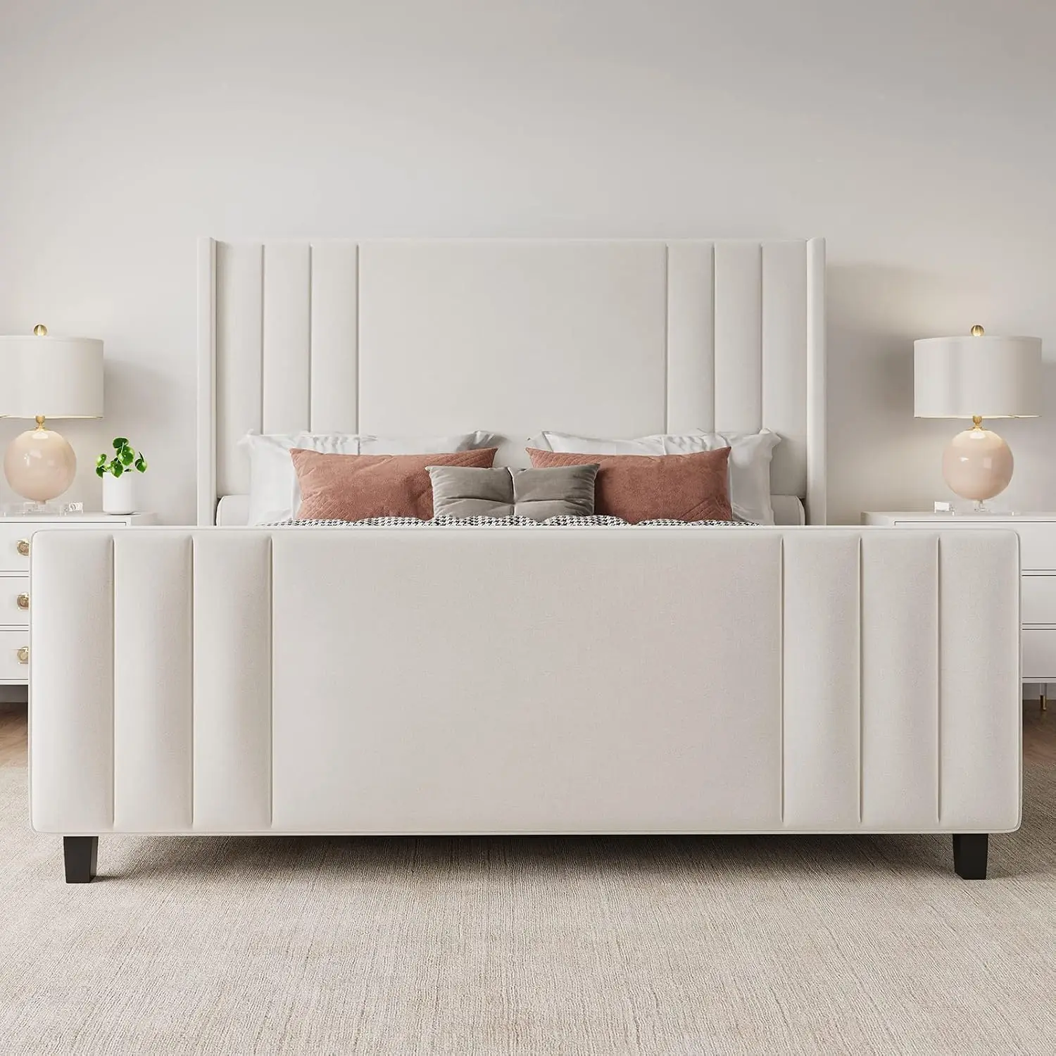 Platform Bed Wingback Headboard Footboard Wood Frame Bedroom Furniture, Customized