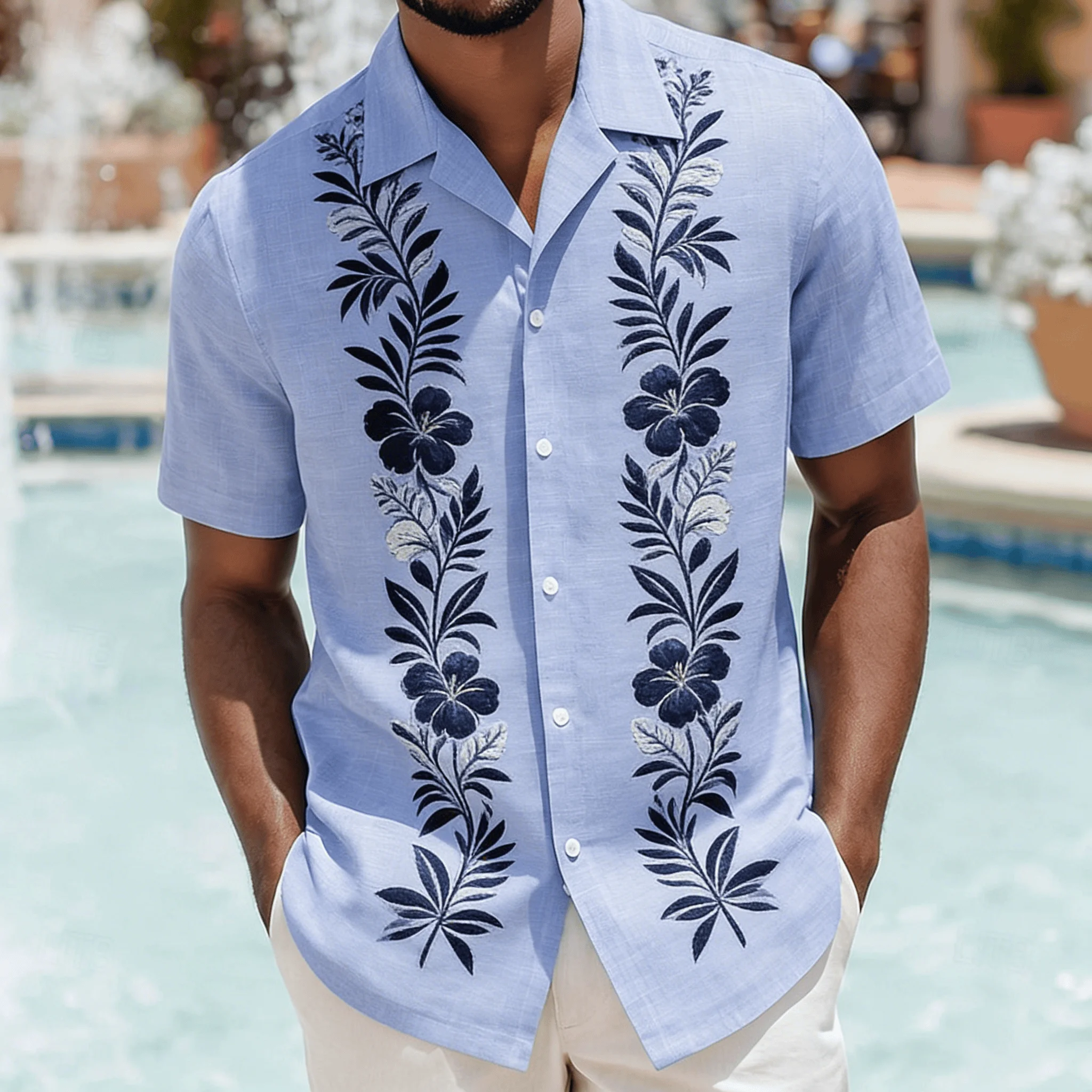 

Men's Light Blue Geometric Embroidery Short Sleeve Shirt, Spring Summer Minimal Luxury Casual Top, Pocket Lapel Style