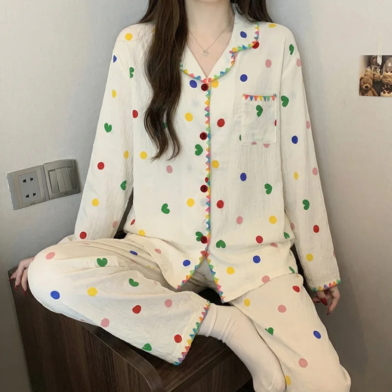 Dopamine Wave Point Sleepwear for Women in Spring and Autumn with High-End Edging Long Sleeved Home Suit Set Ladies Pajamas