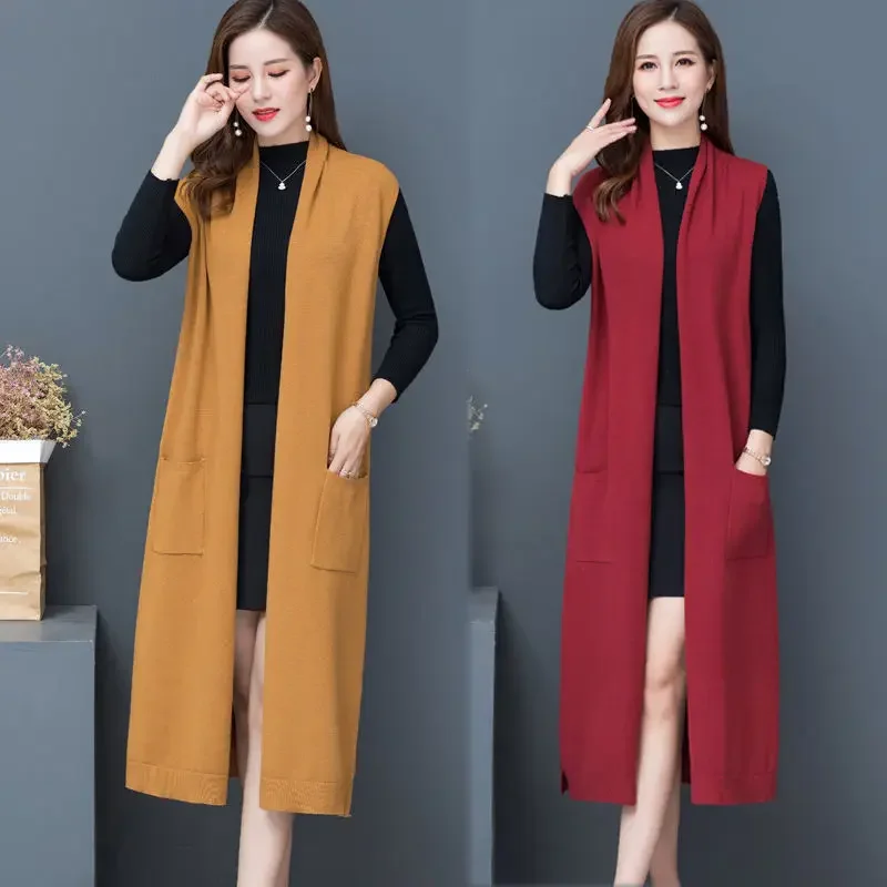 Women Autumn Winter Solid Color Pocket Windbreaker Female Long Trench Vests Outerwear Ladies Clothing Cardigan Waistcoat A49