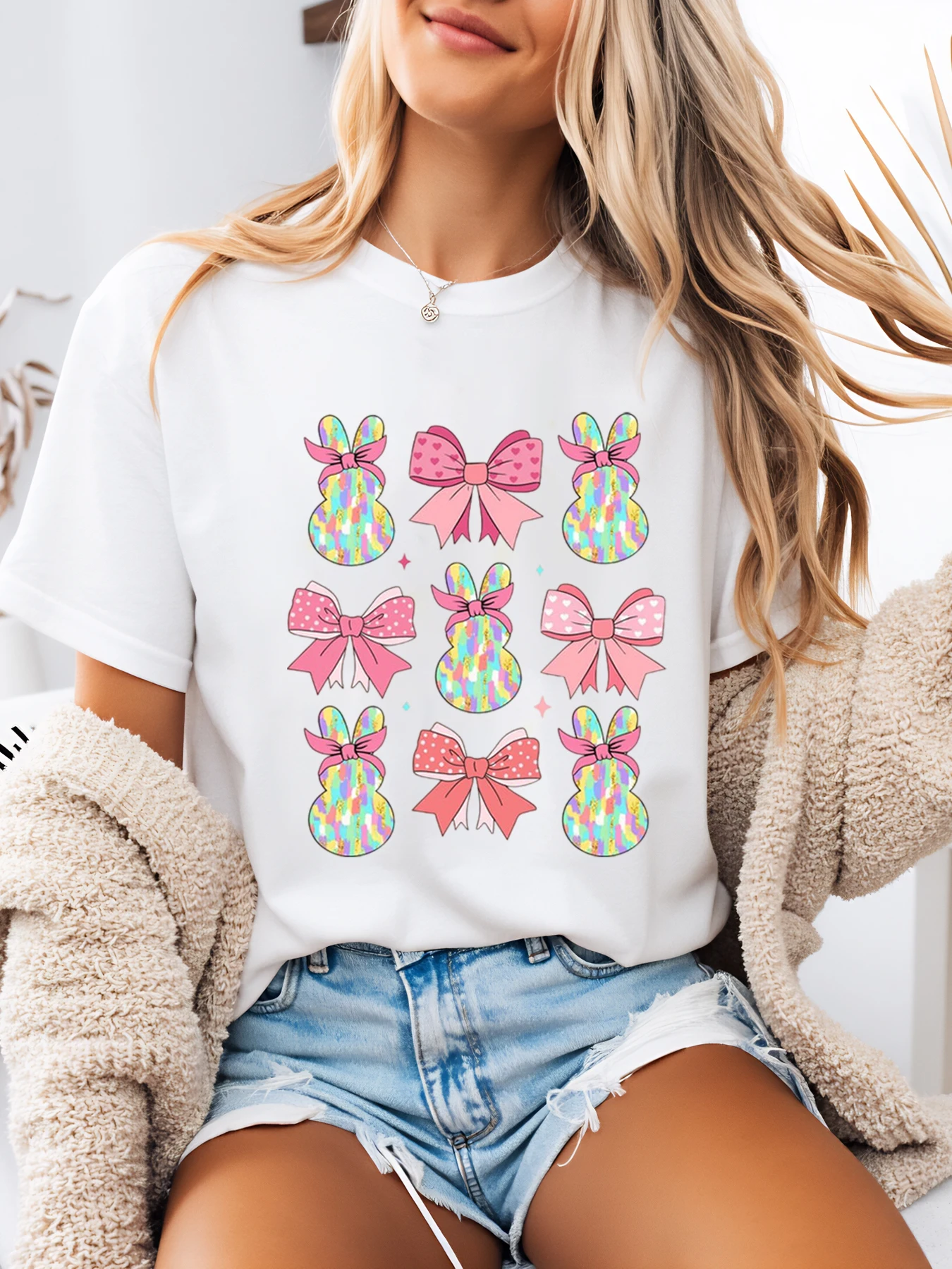 Easter Bunny Egg and Bow Print Easter T-Shirt Women Casual Spring Outfit White Plus-Size