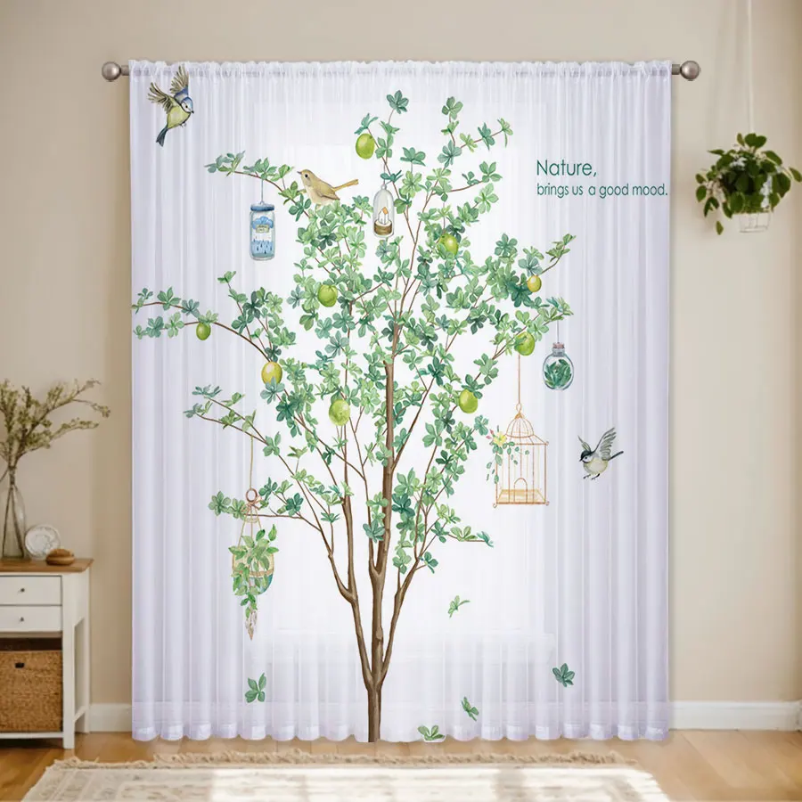 1PC Sheer Curtain Green Tree Bird Hanging Decor Print, Rod Pocket Window Curtain for Living Room Bedroom Nature Decor