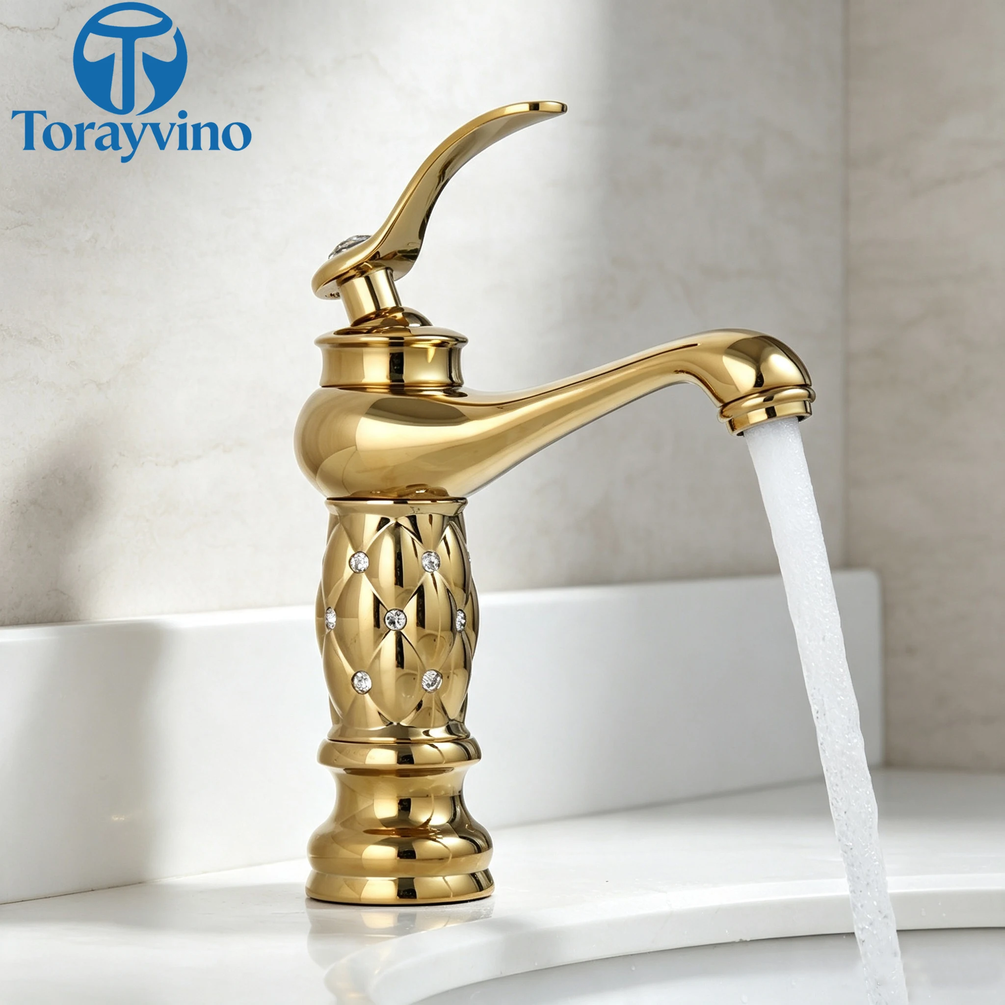 Torayvino Luxury European Bathroom Basin Diamond Faucet Gold Brass Vessel Sink Faucets Sink Hot Water Faucet Mixer Tap