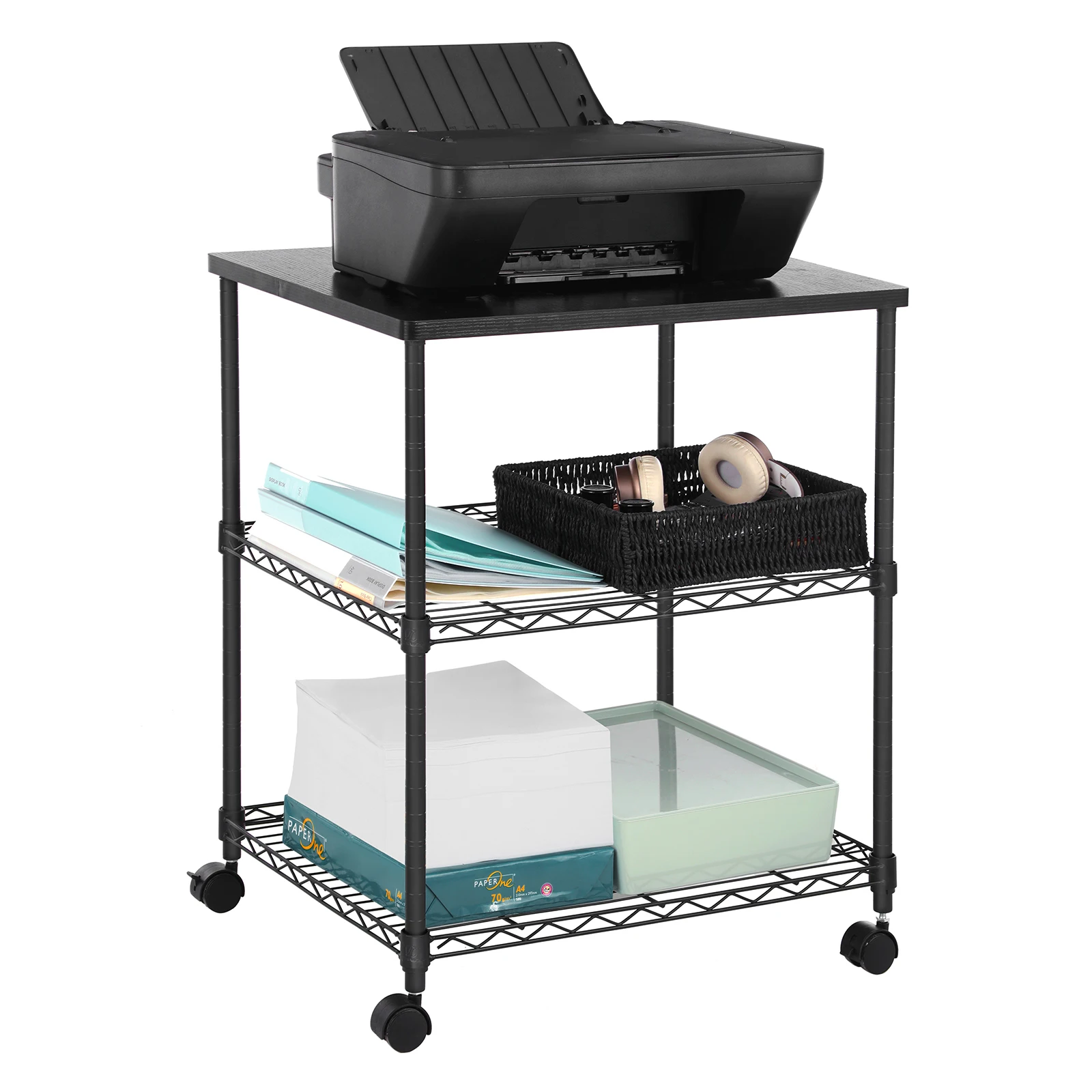 SONGMICS 3 Tier Printer Stand, Printer Table with Wheels, Rolling Printer Cart, Printer Desk with Metal Frame for Home Office