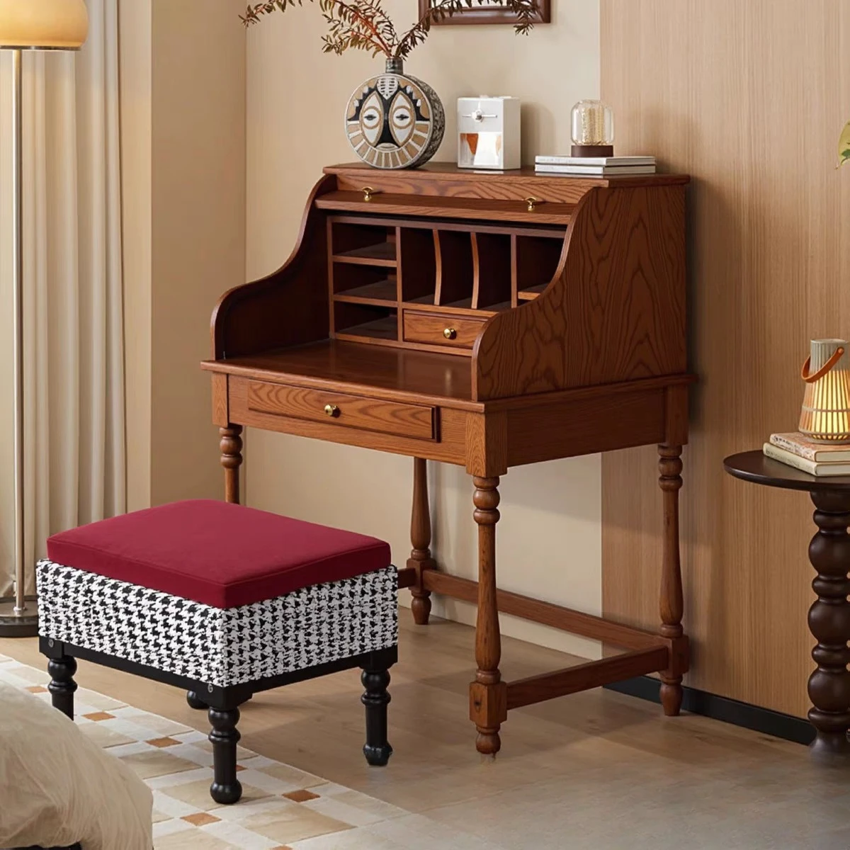 Medieval ash wood organ roller shutter dresser dressing stool French retro solid wood bedroom makeup storage integrated