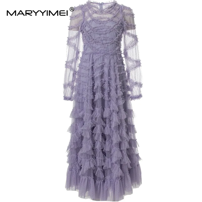 MARYYIMEI Red/Pink/Lavender/Sky Blue Spring Women\'s dress Long-Sleeve Mesh Splicing Edible Tree Fungus Maxi Party Dresses