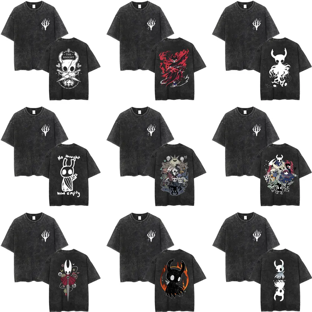 

Hot Sale Game Hollow Void Hollow Knight Vintage Washed T-shirt Men's Casual Cotton T-shirts Men Women Anime Harajuku Tee Shirt