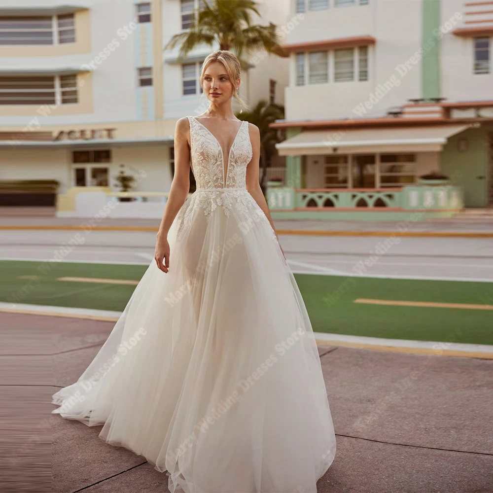 

Fascinating V-Neck Tulle Women's Wedding Dresses Exquisite Appliques Lace Bridal Gowns Mopping Length Vestido De Novia 2025 Boda