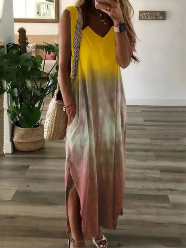 Gradient Tie Dye Print Sleeveless Long Dresses Women Fashion Casual  V-neck Loose Slit Vest Dress Female Summer A-line Vestidos