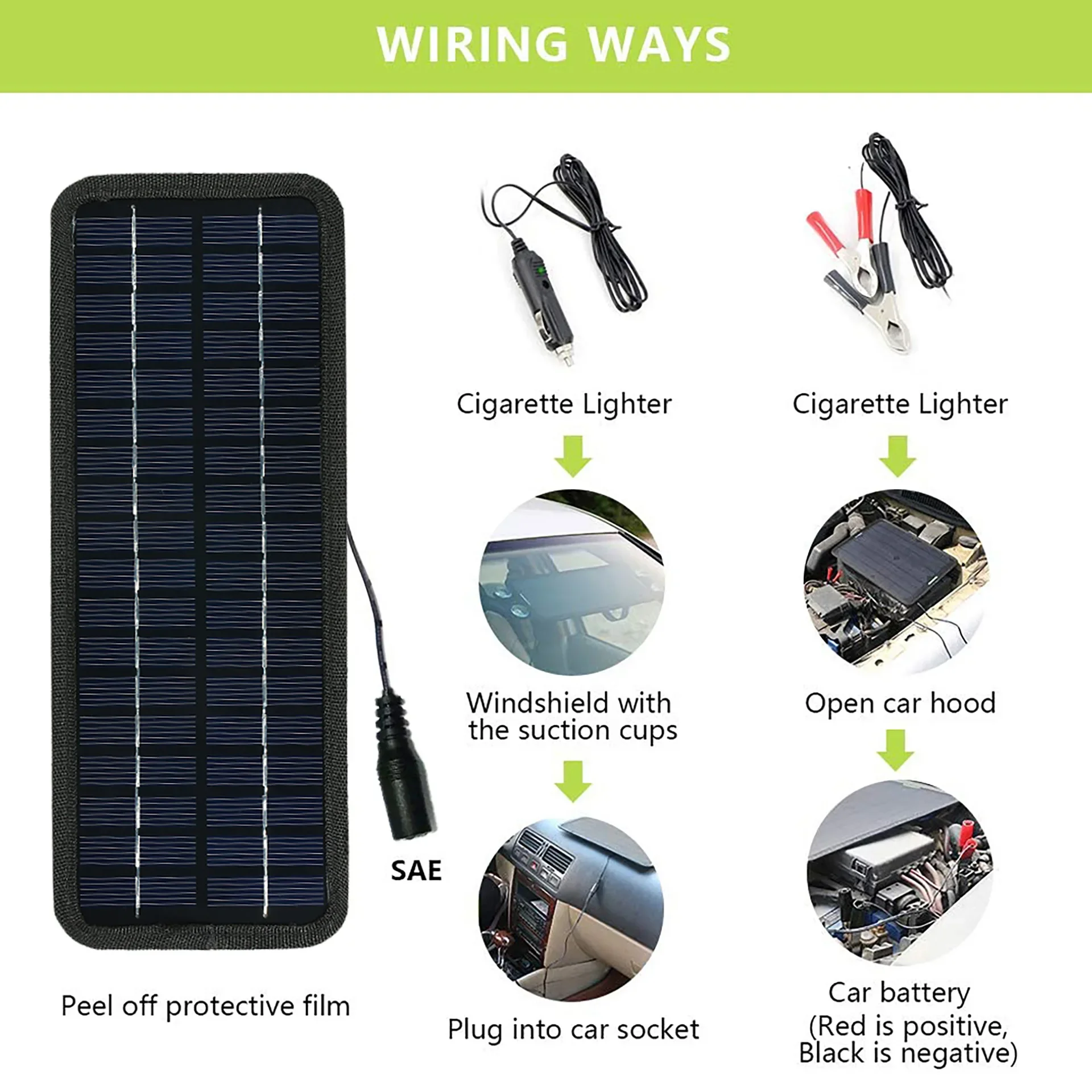 Cargador de Panel Solar con salida de CC de 20W y 18V, utilizado para coches/Camping/exteriores con enchufe de encendedor de cigarrillos/Clip de cocodrilo de carga de batería