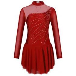 Shiny Rhinestone Figure Skating Dance Dress for Kids Girls Ballerina Tutu Dance Clothes Long Sleeve Round Neckline Ballet Outfit