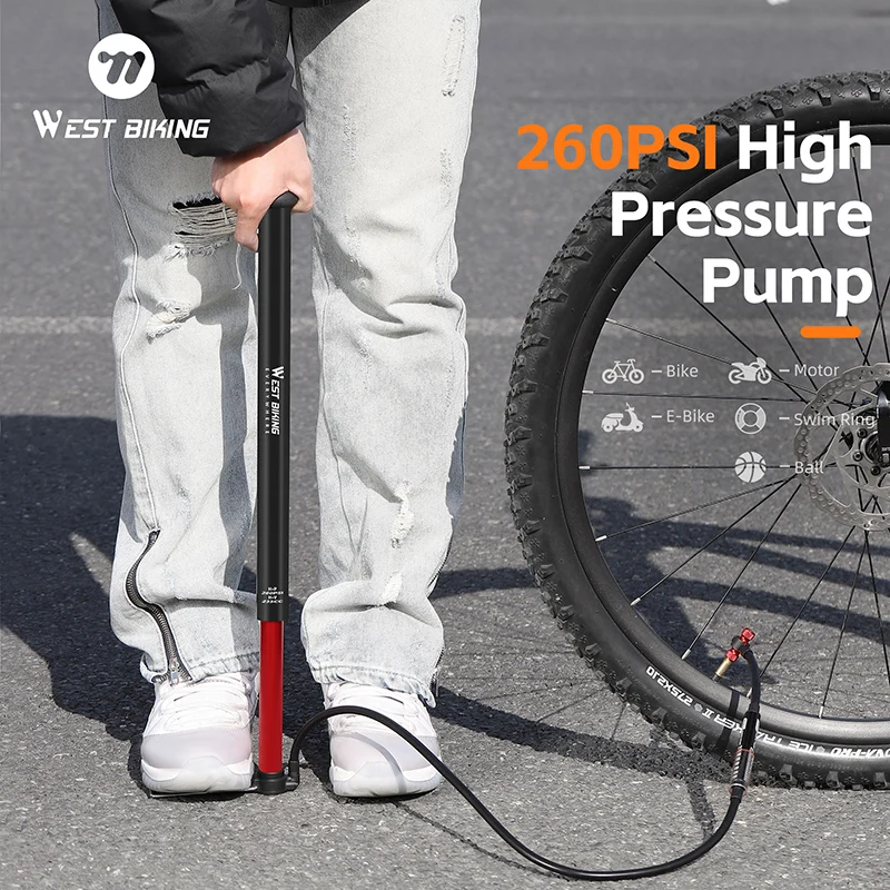 

WEST BIKING 260PSI High Pressure Bike Pump Quick Inflator With Gauge For Schrader/Presta Valve Portable MTB Road Bike Pump