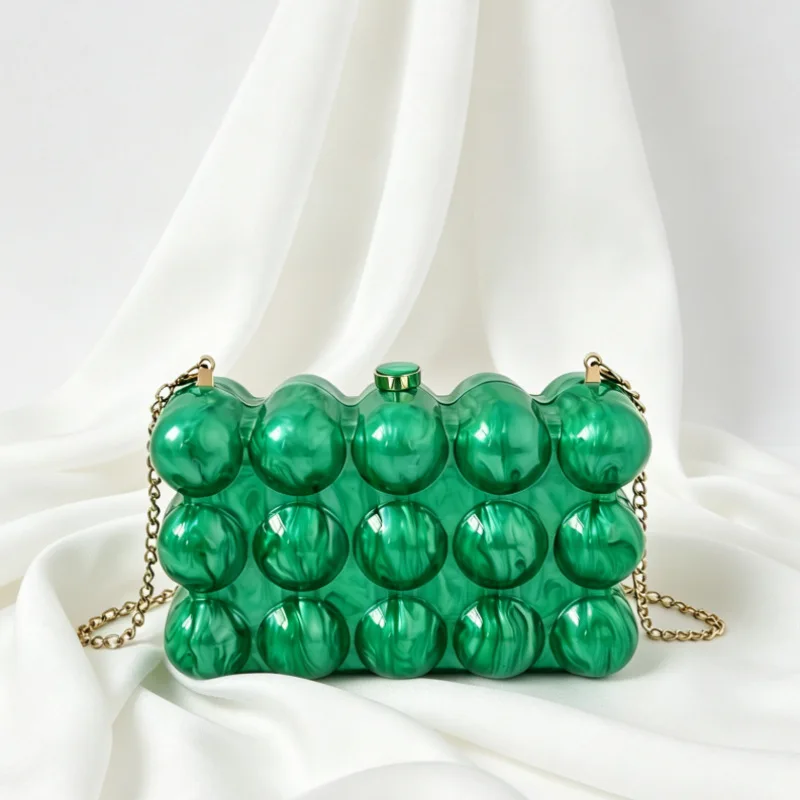 

New marble acrylic dinner bag, green bead string clutch bag, shoulder messenger chain bag.