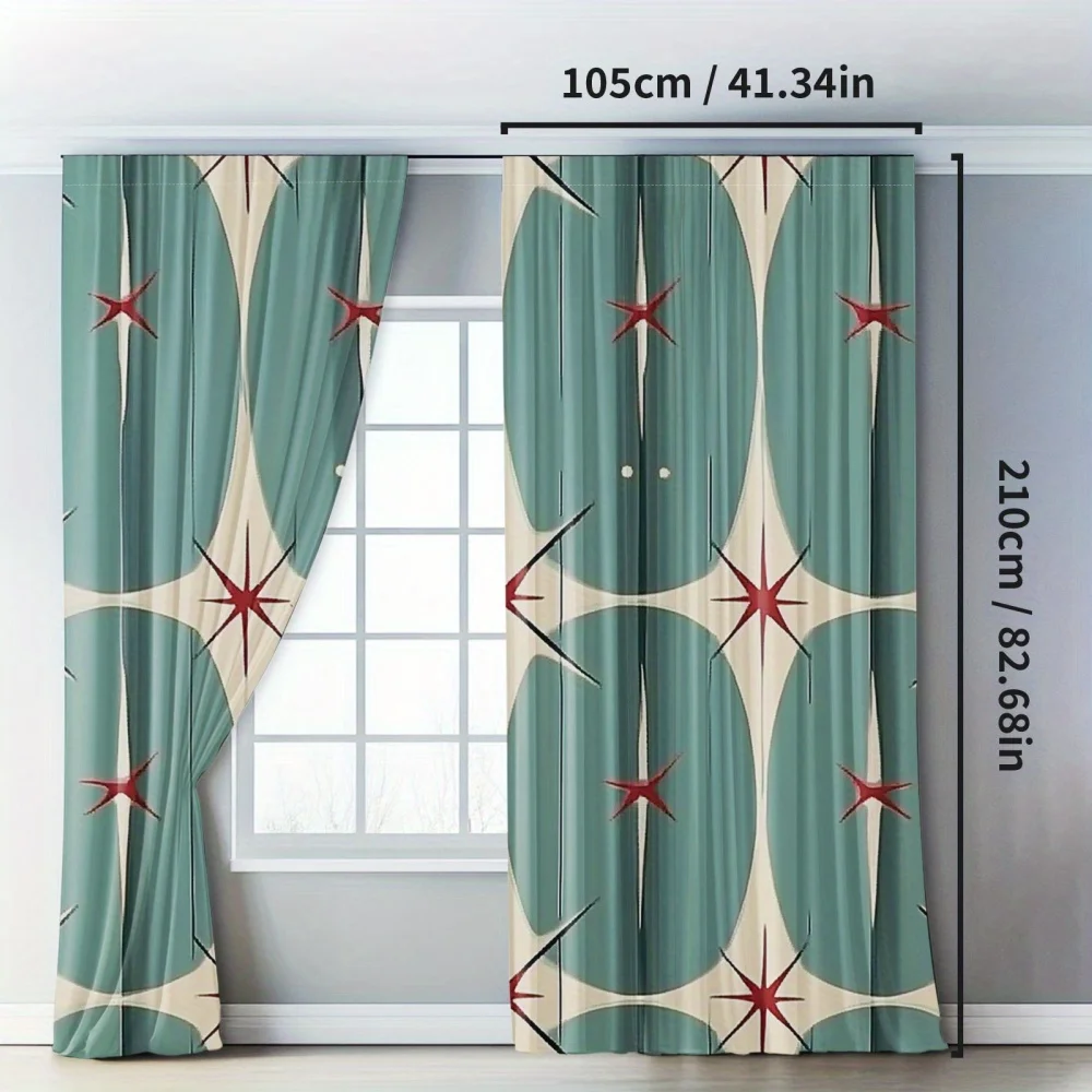 2pcs Retro Mid-Century Modern Bedroom Curtains - Teal Geometric Star Pattern, Rod Pocket Design for Privacy & Light Blocking, Th
