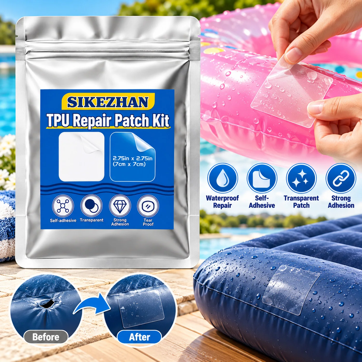 Clear TPU Repair Patches Kit, Waterproof Self Adhesive Fix Tape for Swimming Pool Float Air Bed Boat Tent Inflatable Repair