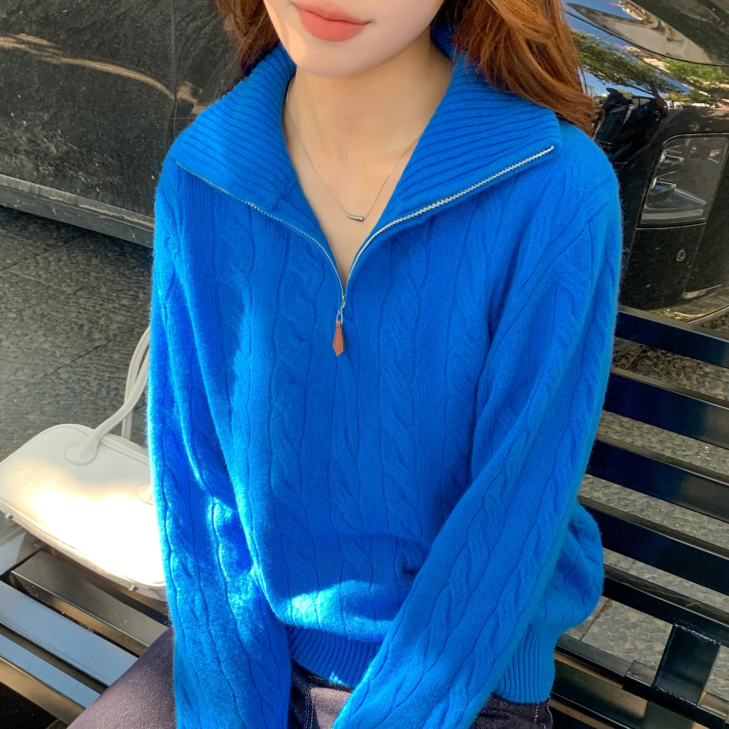 

Пуловер с украшением на половину молнии, женский трикотаж, свитер из австралийской шерсти, свитер с высоким воротником, витой узор, утепленные свободные топы