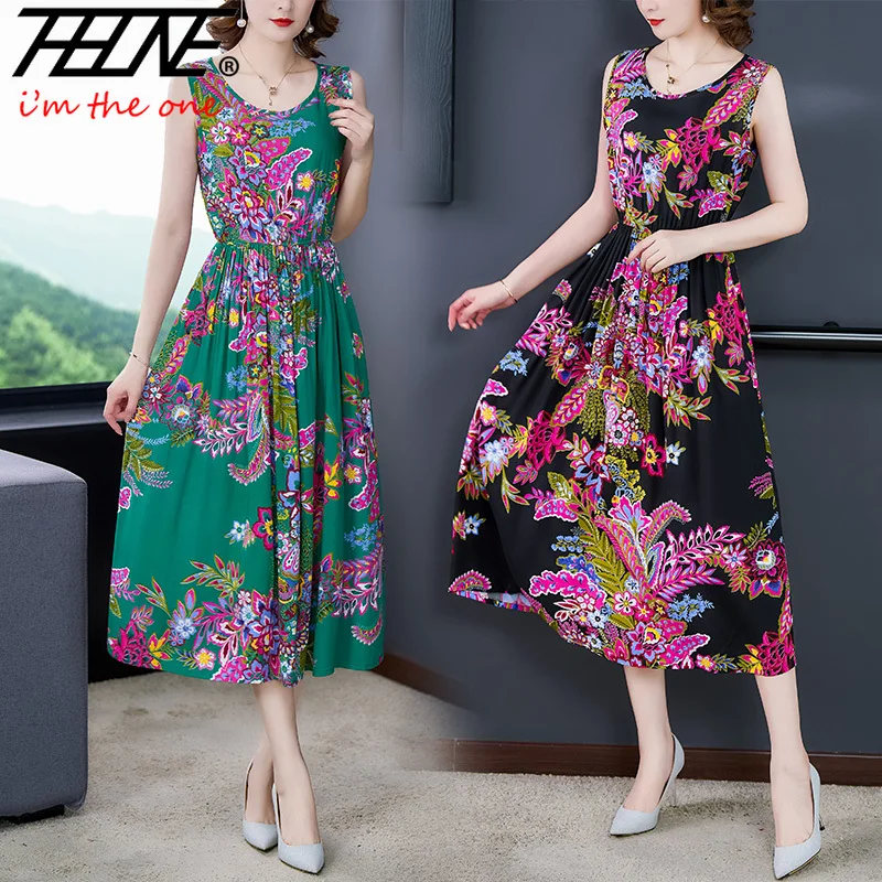 Robe Vestidos Sommer Tank Kleid für Frauen ärmellose verstellbare Taille Maxi lange Urlaub Vintage Print lässige böhmische Kleider