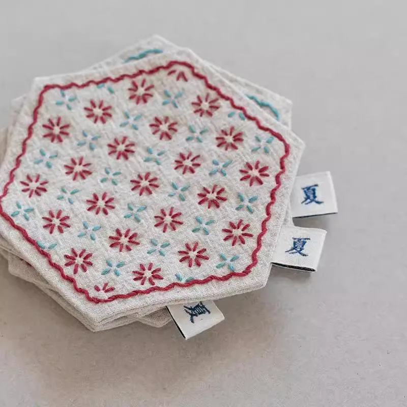 

DIY Sashiko Kit Includes Pre-Punched Fabric, Needle, Thread For Hexagonal Coaster Tea Pad