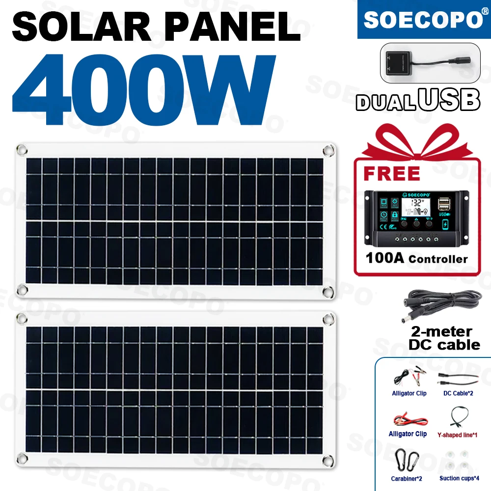 SOECOPO 400W Solar Panel Kit 2*Foldable 18V Panels Camping Comes with A Free 100A Controller & 5V USB Ports for Easy Charging.