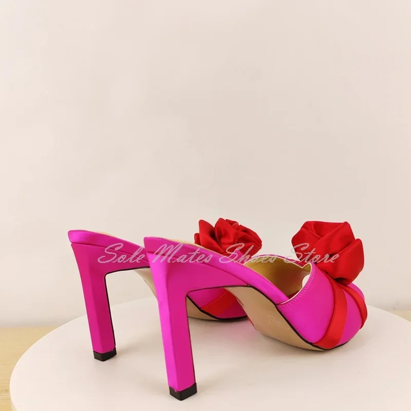 2025 Summer Women's Fashion Red Fabric Flower Open Toe Pumps Pink Stiletto High Heel Satin Platform Slip On Slippers Comfort