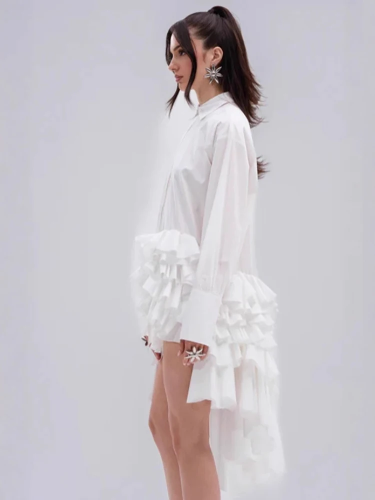 DEAT موضة الأبيض الجبهة قصيرة الظهر قميص طويل المرأة التلبيب غير المتماثلة تكدرت هيم بلوزة الخريف جديد 7A1516