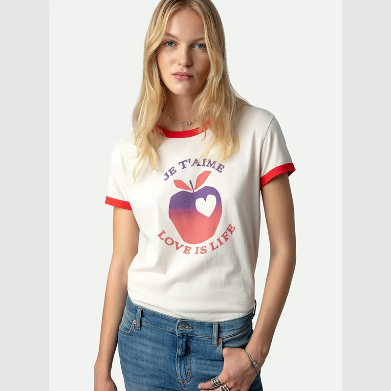 

Летняя французская ниша с цифровой печатью, постепенное изменение цвета, яблочные буквы, контрастный цвет, хлопковая женская футболка с короткими рукавами