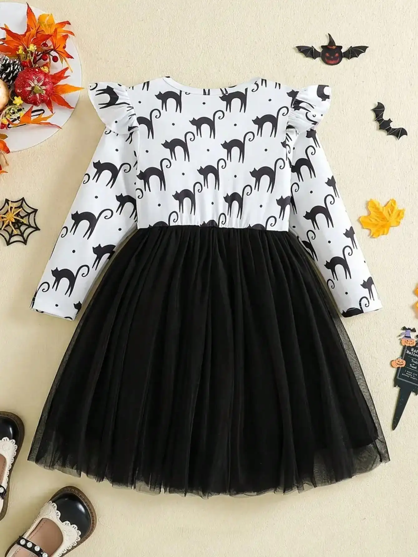 Kinderkleid mit Katzenmuster, Rüschenkragen, langen Ärmeln, Rundhalsausschnitt, Rautenmuster, Netzstoff, mittellanger Rock für Kinder – Detail 4