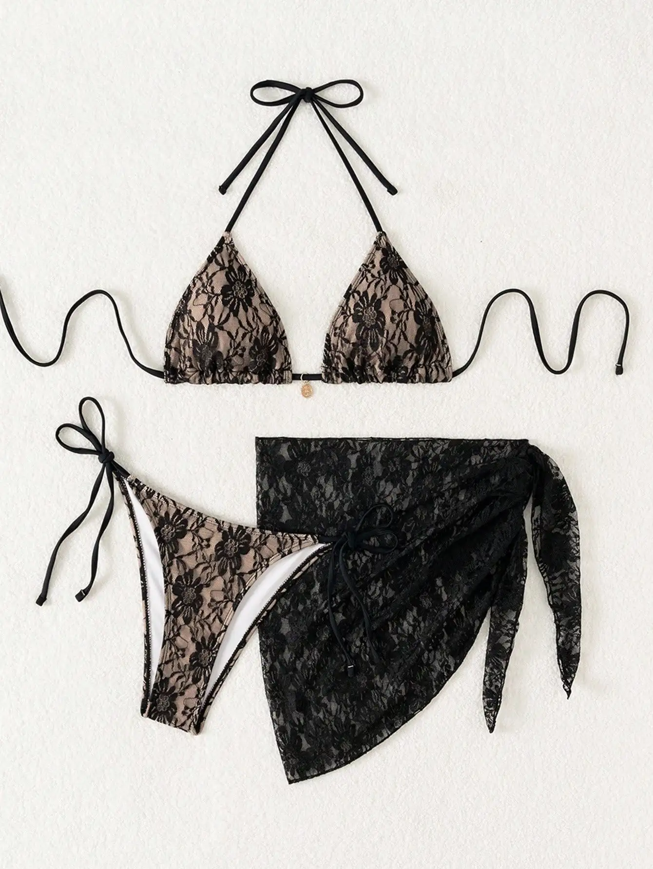 

Кружевной комплект бикини треугольной формы с юбкой-накидкой для женщин, летний пляжный купальник