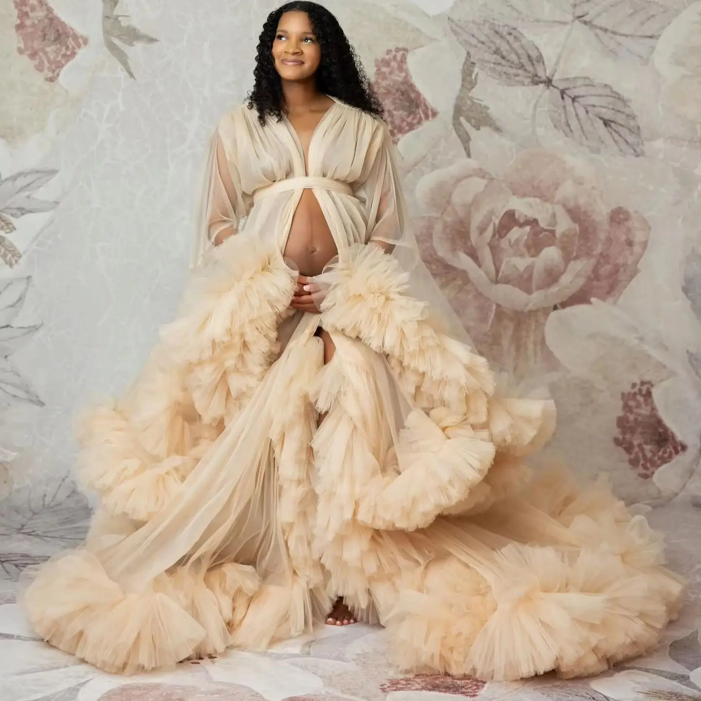 

Luxury Maternity Robe Fluffy Tulle Dresses for Women Prom Dress Long Sleeves Wedding Party Gown Bridal Boudoir Pajamas Custom
