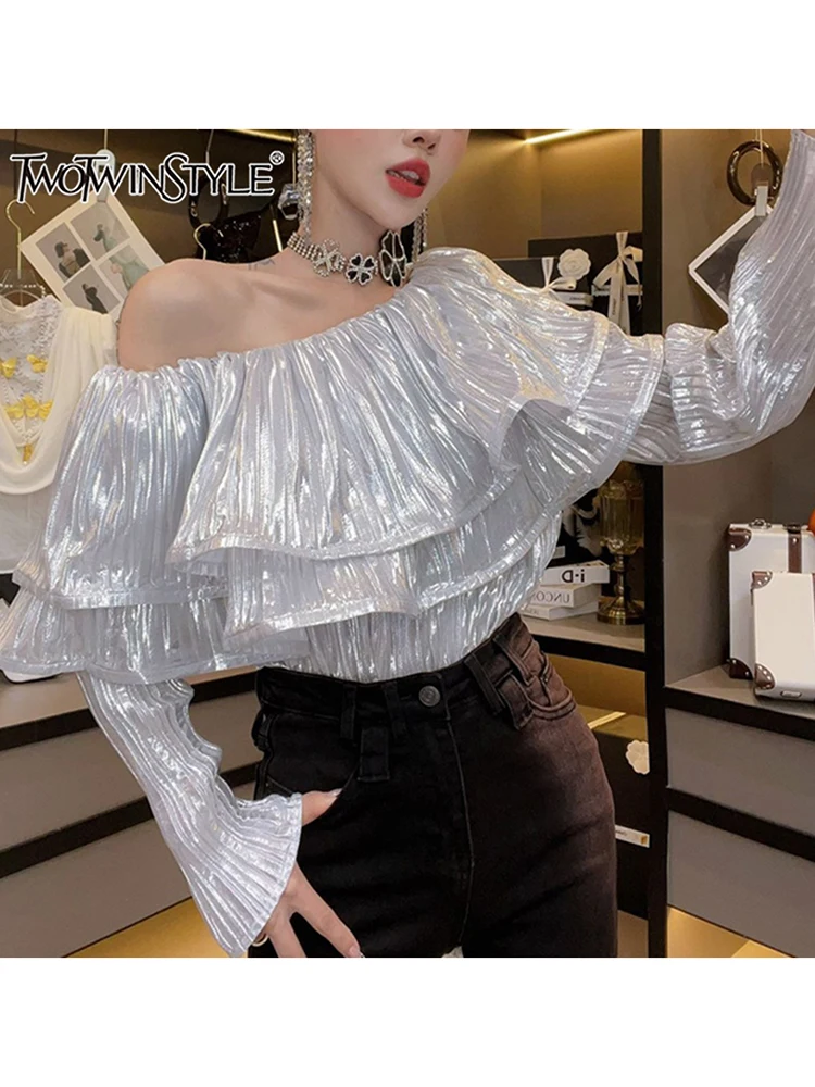 TWOTWINSTYLE Solid Patchwork Ruffles Slimming Shirts For Women Slash Neck Long Sleeve Pullover Party Chic Blouse Female Fashion