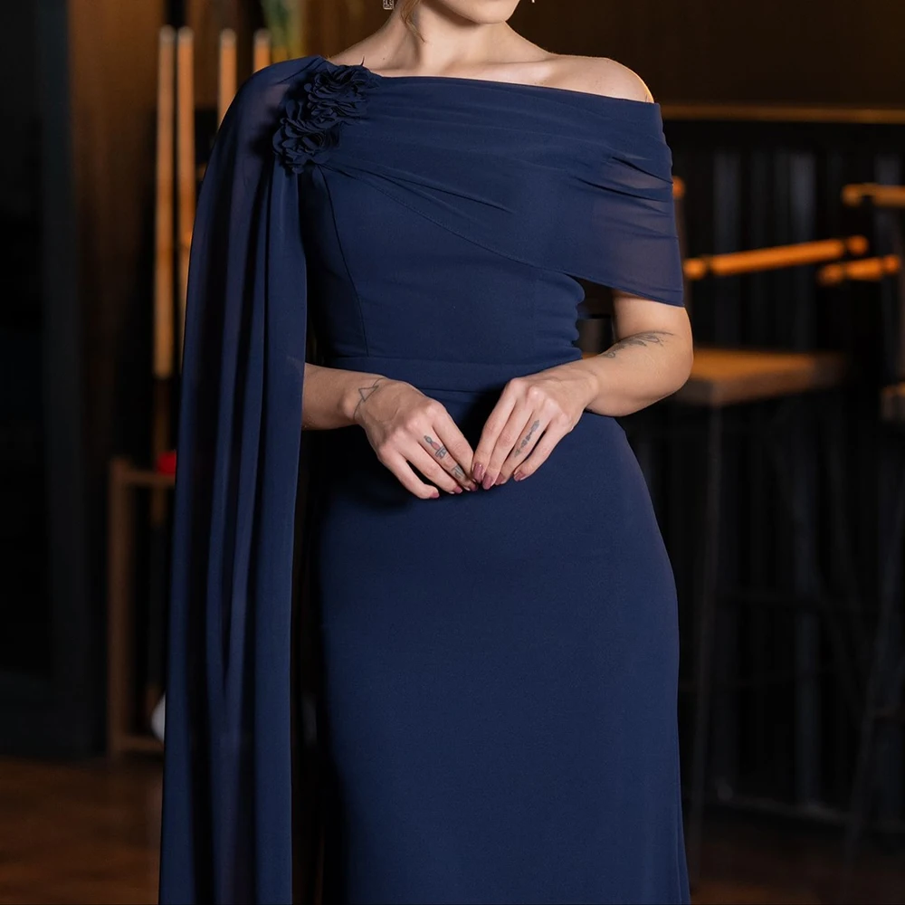 فساتين سهرة مخصصة على شكل حرف A بطول الأرض قبالة الكتف بدون أكمام فستان حفلات موضة الزهور سرق ثنيات فستان الحفلات #2