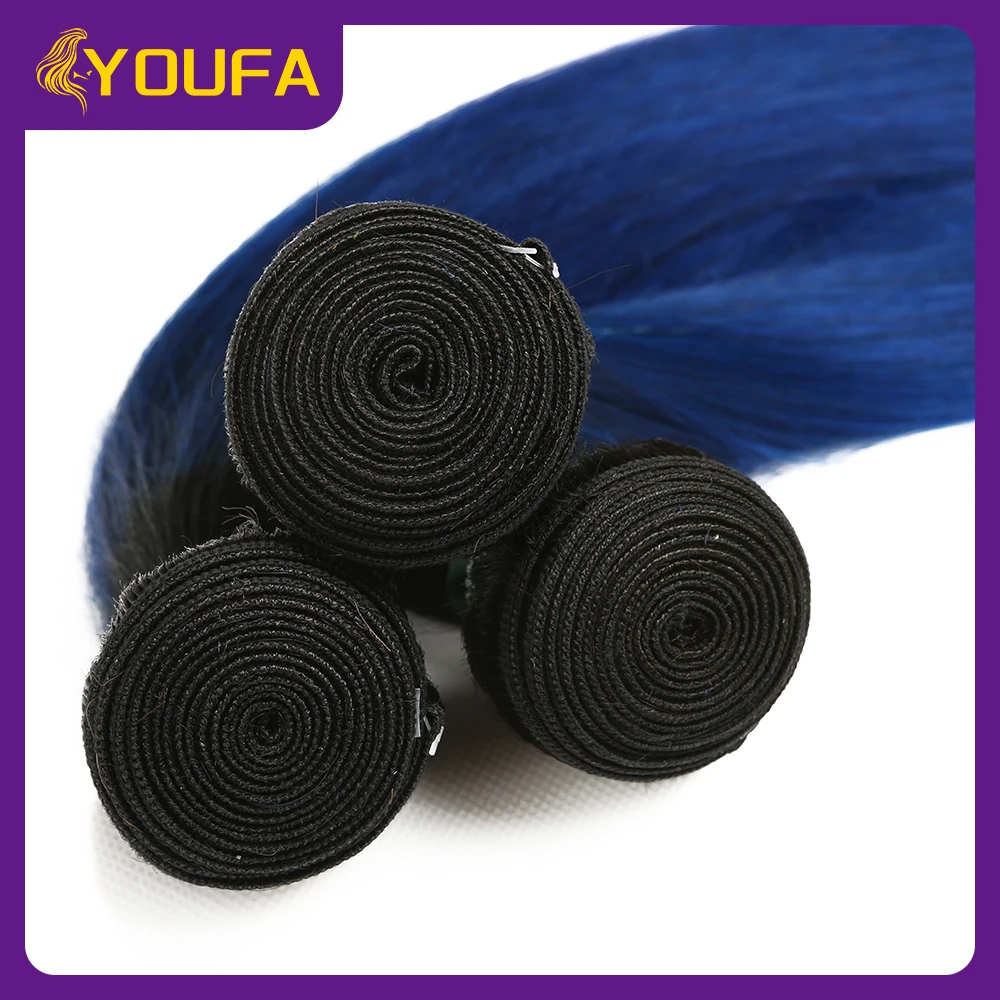 Ombre Blue Straight Human Hair Bundles With Closure 3 Pcs Dark Roots Blue Color Human Hair Weave With 1 Pc 4x4 Lace Clsoure