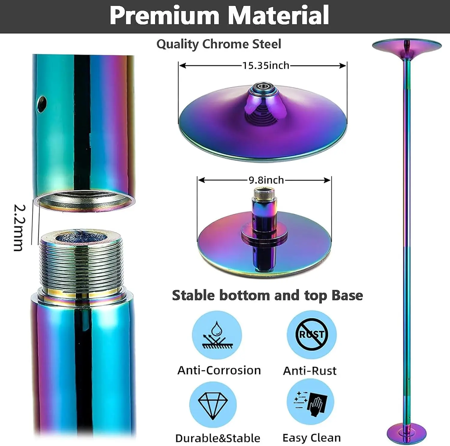 45mm Removable Dance Pole Spinning Static Heavy-Duty Steel Adjustable Height Home Gym Professional Pole, Rainbow, CE Certified