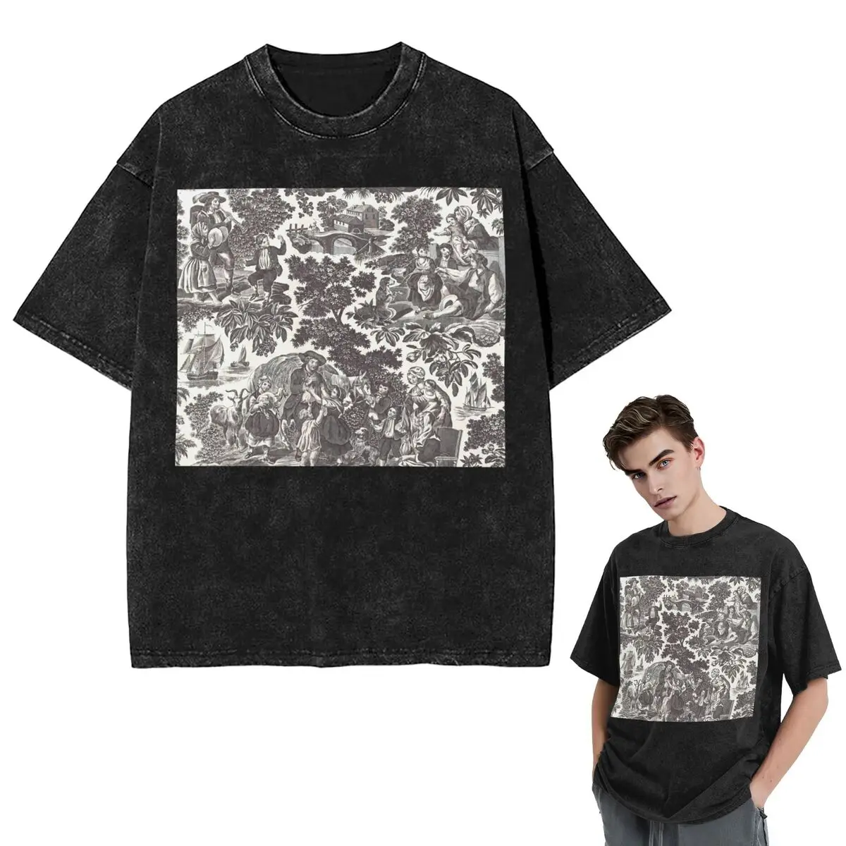 Streetwear T-Shirts Toile De Jouy Family History Washed T Shirt Short Sleeve Hip Hop T-Shirt Tops Tees for Men Women