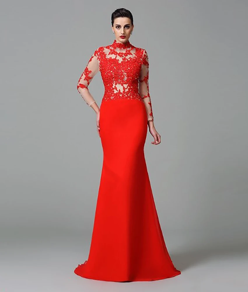 

Customized Graceful Jersey Mermaid Appliques Evening Dress High Quality Long Sleeves High Collar Floor Length Party Gowns