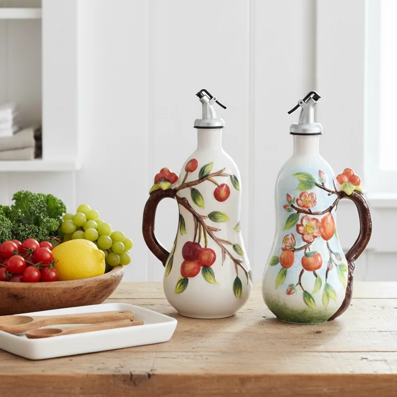 Decorative Olive Oil Dispenser Bottle with Handle,Kitchen Ceramic Oil Vinegar Bottle Seasoning Bottle with Stainless Steel Spout