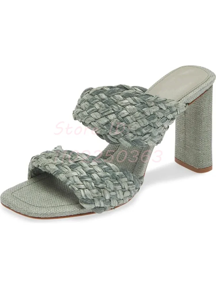 

Solid Woven Straps Chunky Heeled Slippers Elegant Square Toe Slip-on Casual Sandals 2024 Summer Women Fashion Shoes Natural