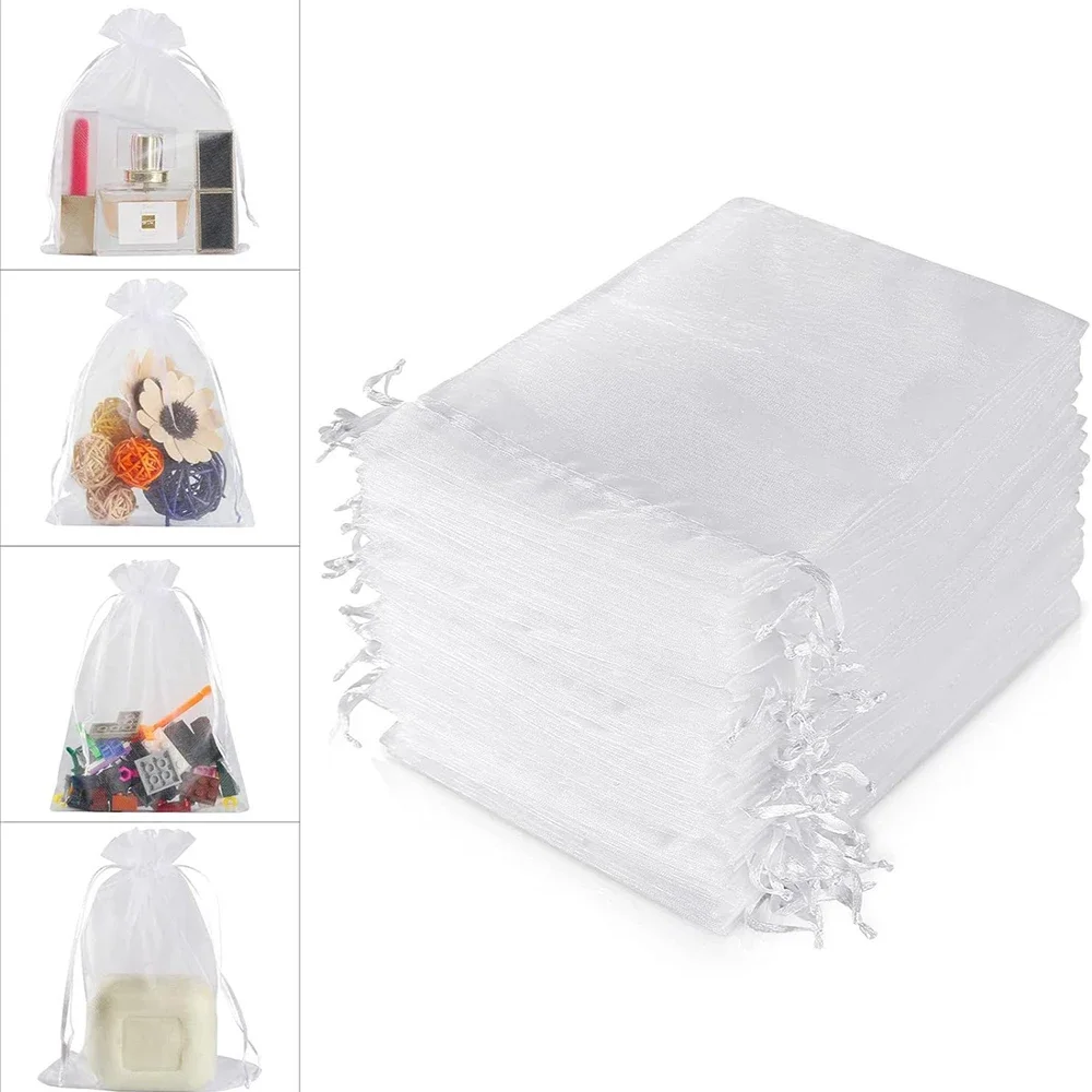 100pcs White Organza Gift Bags Candy Drawstring Mesh Bags Christmas Party Packaging Small Pouches Jewelry Gauze Sachet Storage