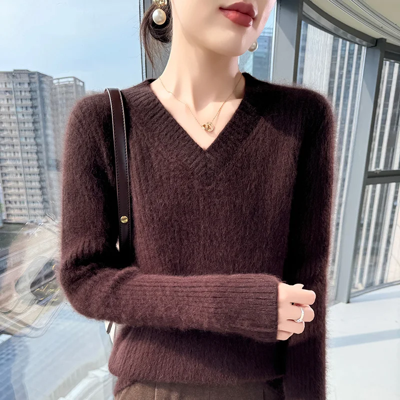 100% المنك النقي الكشمير محبوك سترة المرأة الخامس الرقبة ضئيلة البلوز عادية الدافئة عمودي بار القمم جديد قاع قميص الخريف #3