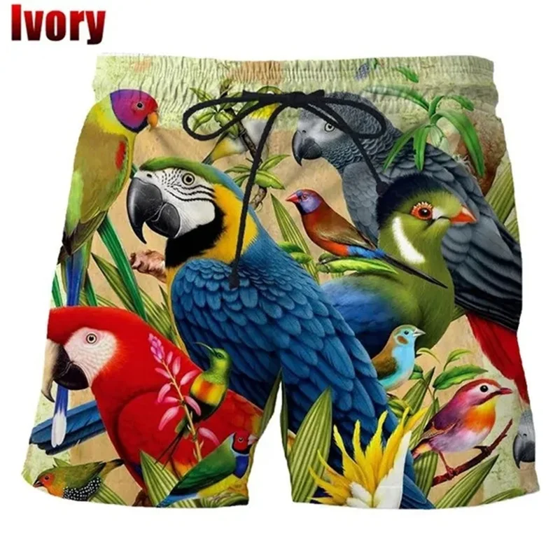 Fashion Macaw Parrot Beach Shorts Men Cool 3D Printed Macaws Palm Flowers Board Shorts Swimsuit Swim Trunks Funny Kid Ice Shorts