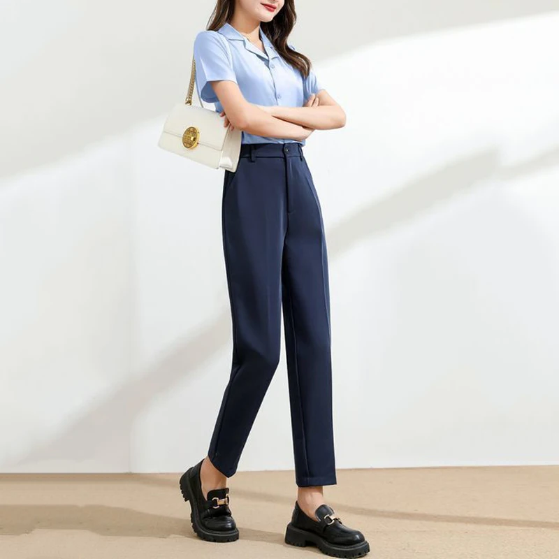 Spring Summer Office Lady Navy Blue Suit Pants Solid Elastic Waist Women Korean Fashion Casual High Waist Slim Straight Trousers