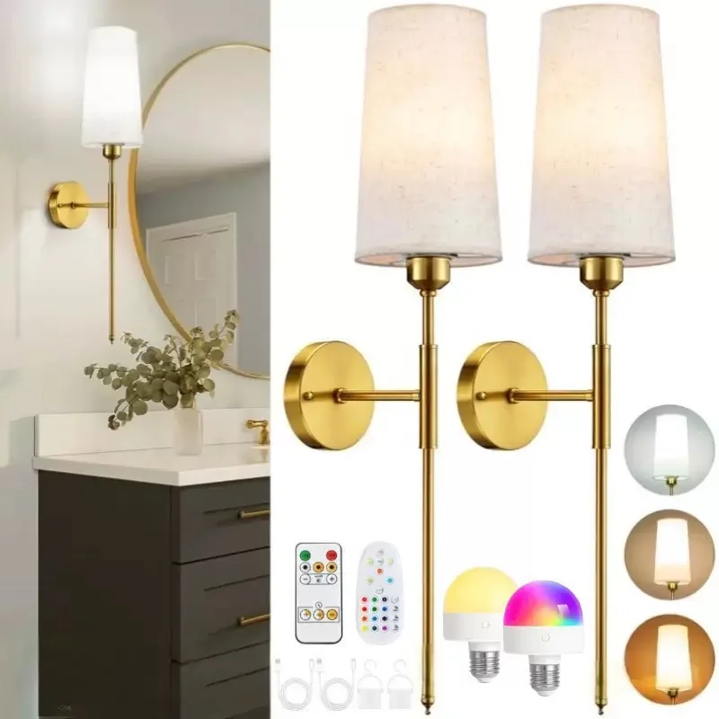 

Wireless Bedroom Bedside Lamp, Living Room Linen Lampshade, Battery Powered RGB 15-Color Rechargeable Wall Light