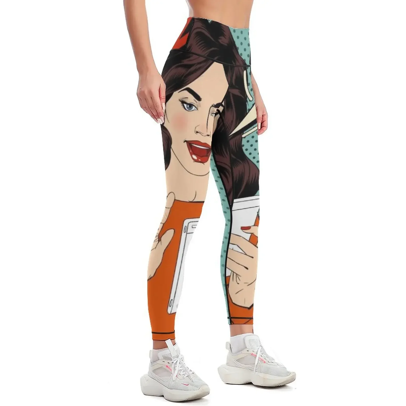 Surprised Woman with Tablet in Hands and Bubble with Expression Wow. Pop Art Style Leggings high waist Womens Leggings