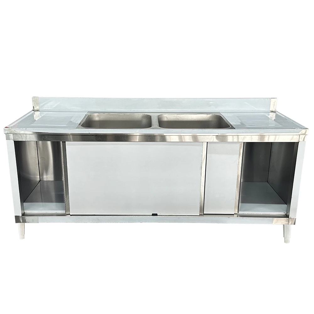 Wholesale Heavy Duty Stainless Steel Double Basin Platform Sink Cabinet for Commercial Kitchen Restaurant Hospital